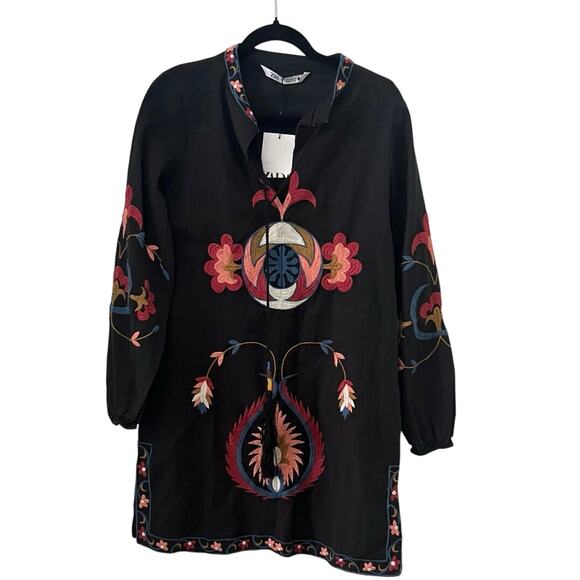 Zara Embroidered Flora Linen Blend Black Shift Dress size S - Picture 2 of 12